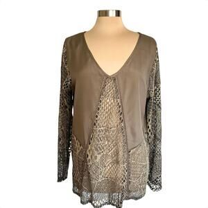 BKE Boutique Tan Satin & Mesh Top Womens L Grunge Indie Moto Punk Rock Boho
